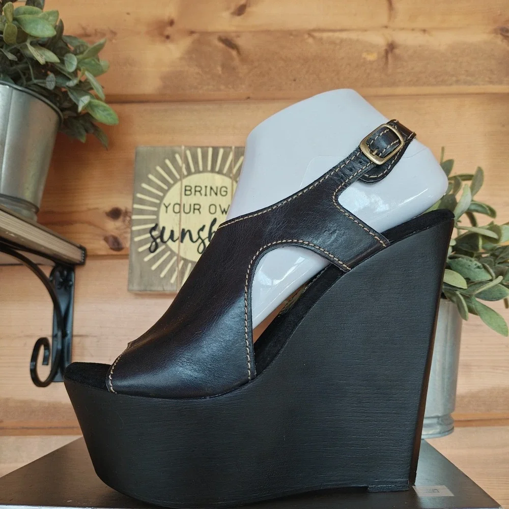 Sbicca Vintage Collection Wooden Wedge Platform Sandals Boho Black Leather Sz 38